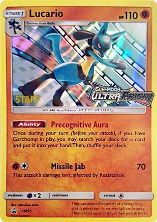 Lucario - SM95 (Prerelease) [Staff] (SM95) [SM Promos] Holofoil - Promo product image 1, provided for visual reference and