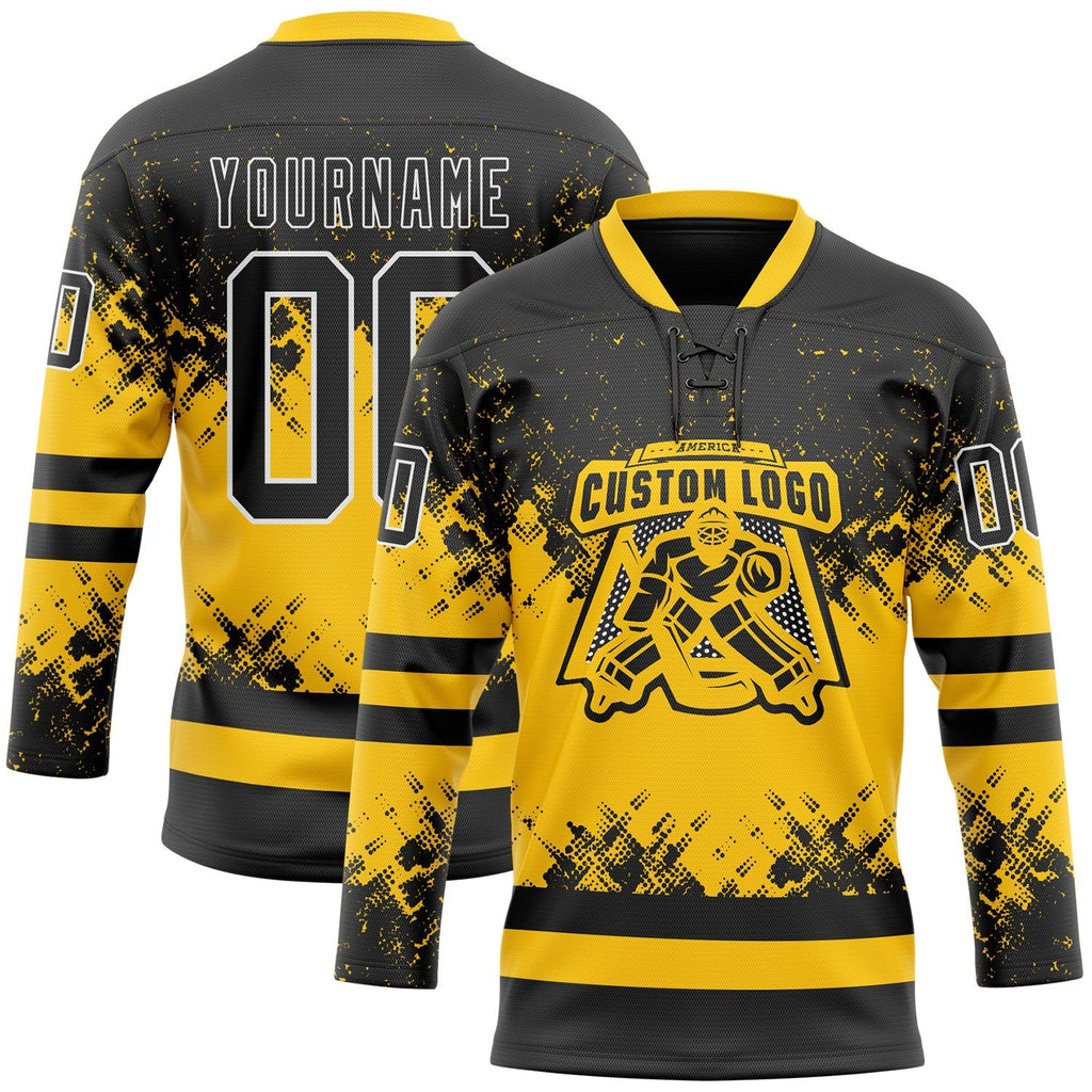 Custom Hockey Jersey - Black Yellow-White Abstract Splatter product image 2