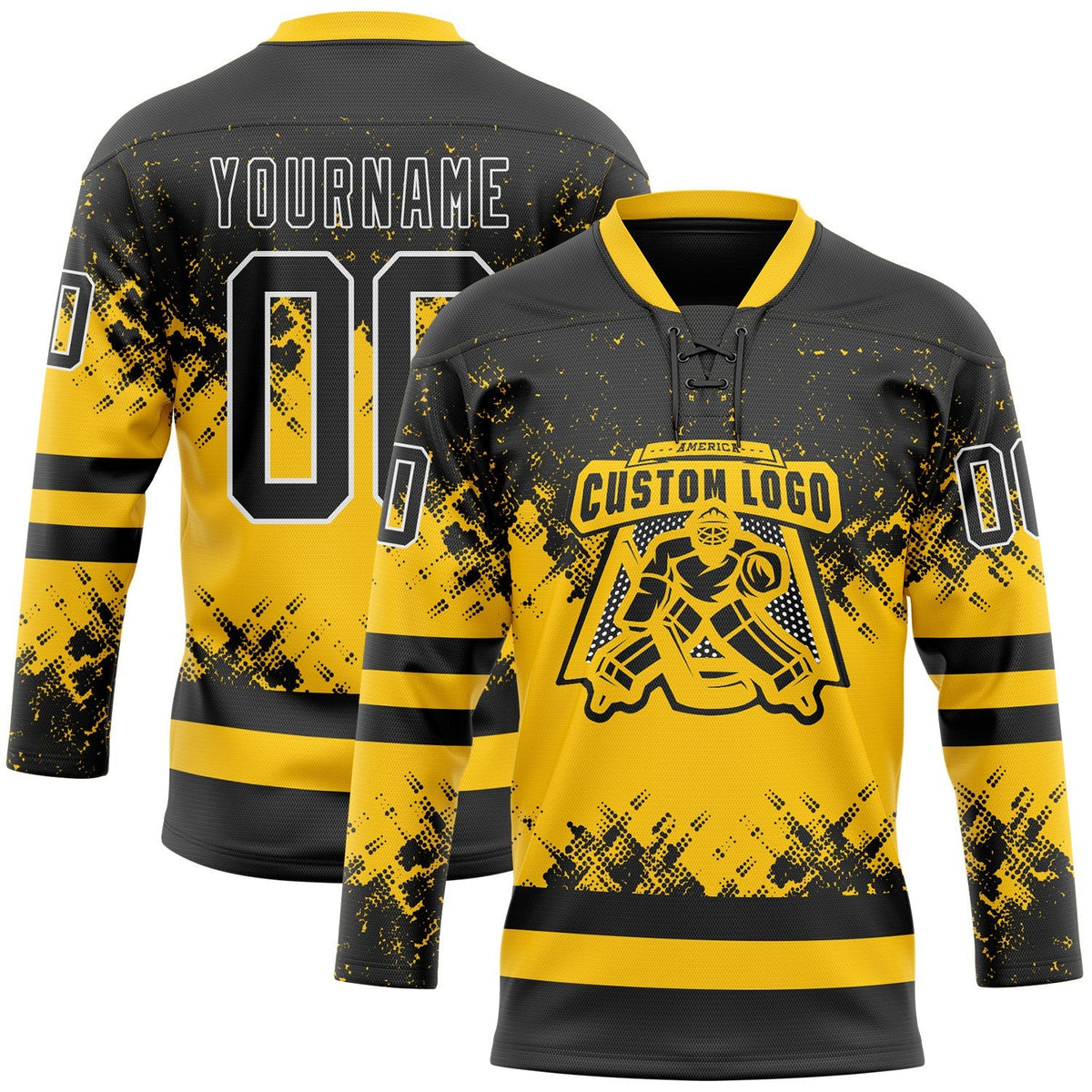 Custom Hockey Jersey - Black Yellow-White Abstract Splatter product image 2