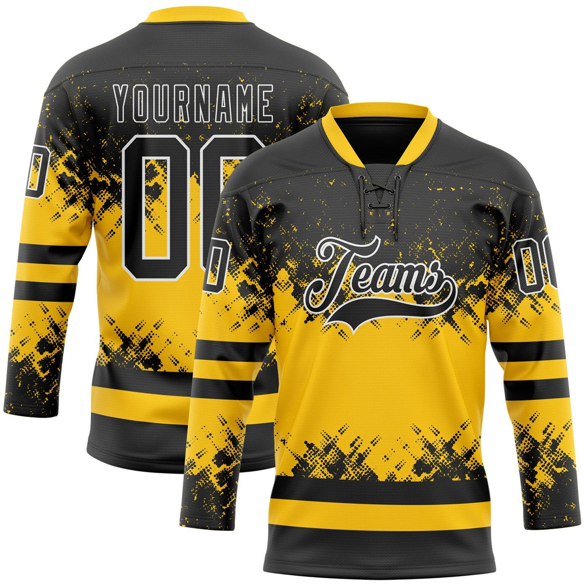 Custom Hockey Jersey - Black Yellow-White Abstract Splatter product image 1