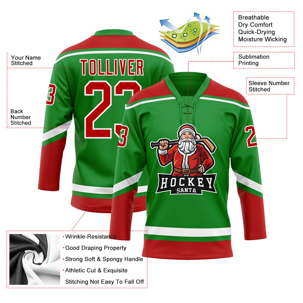 Custom Hockey Jersey - Grass Green Red-White Christmas product image 3