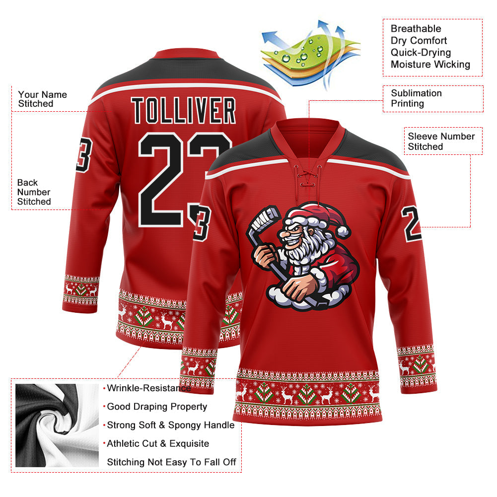 Custom Hockey Jersey - Red Black-White Christmas Santa product image 3