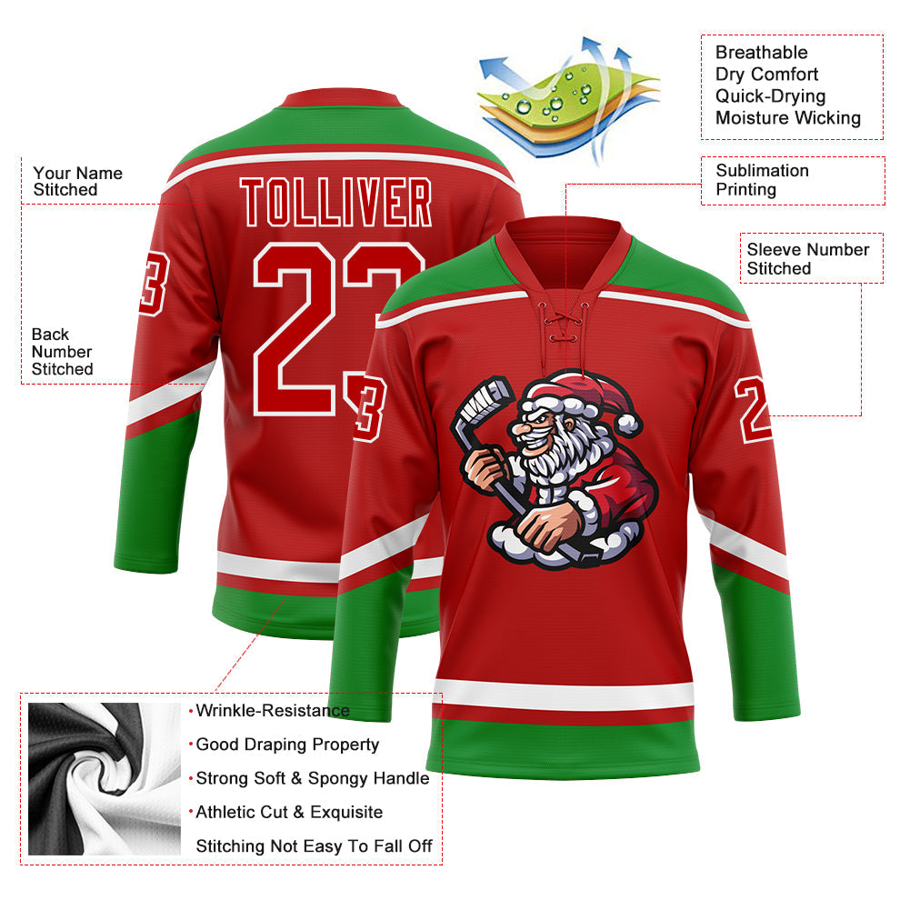 Custom Hockey Jersey - Red Grass Green-White Christmas product image 4