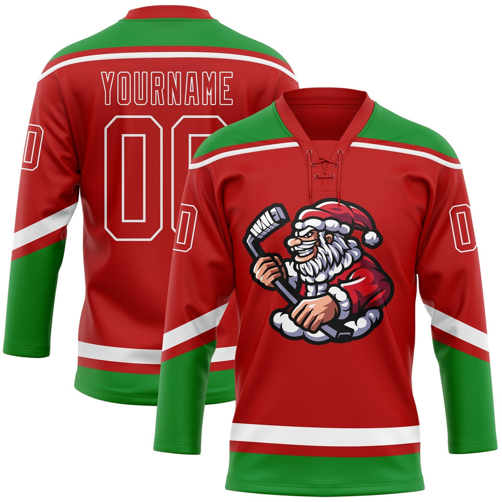 Custom Hockey Jersey - Red Grass Green-White Christmas product image 1