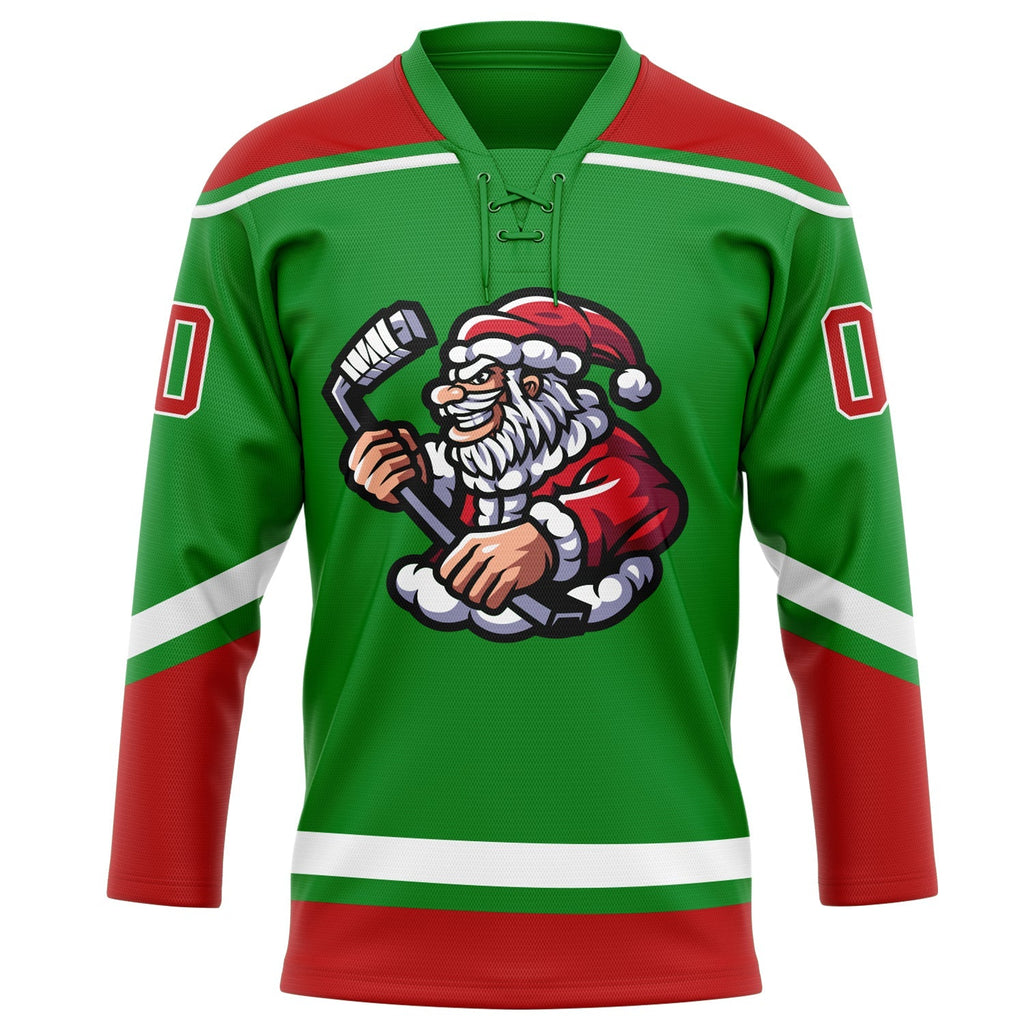 Custom Hockey Jersey - Grass Green Red-White Christmas product image 2