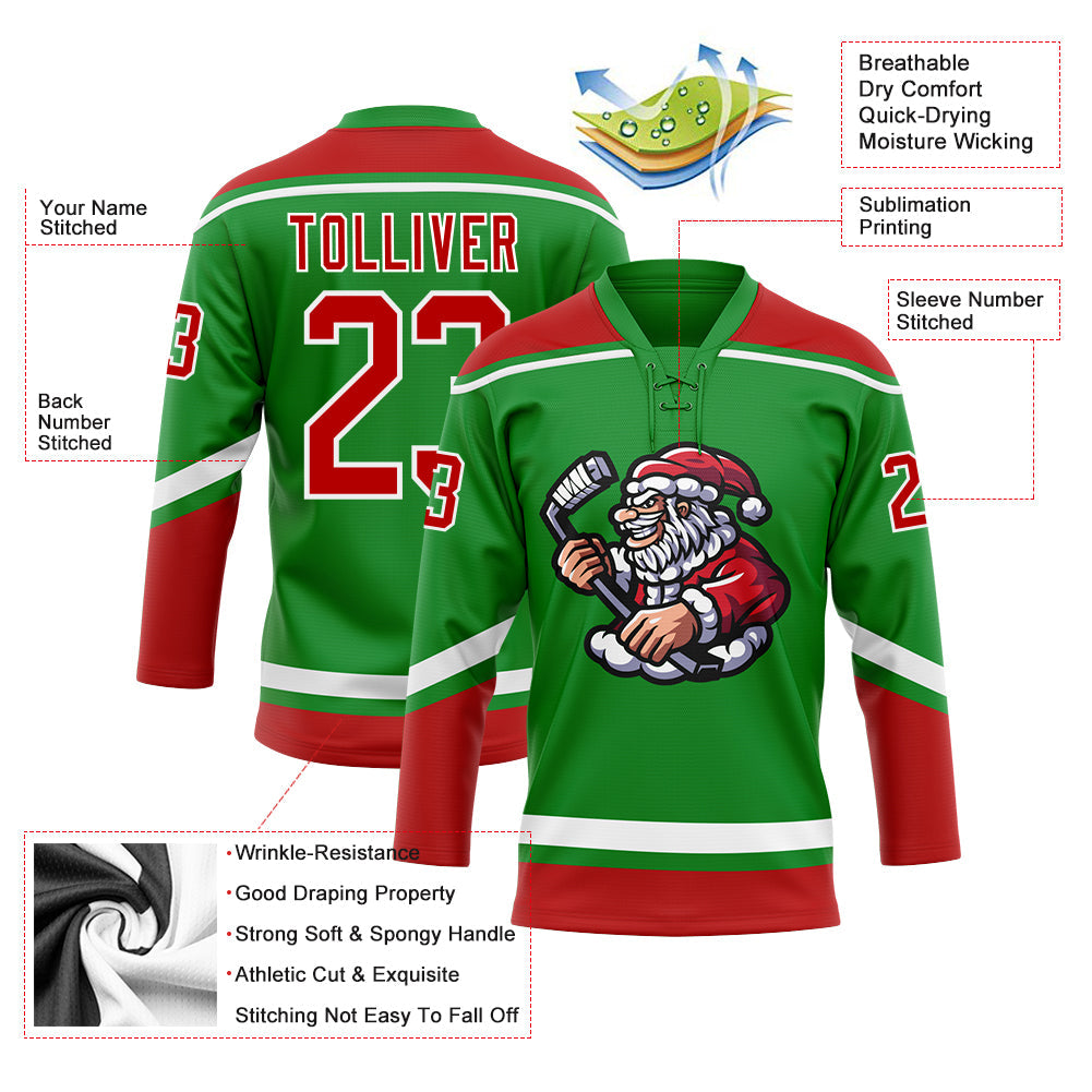 Custom Hockey Jersey - Grass Green Red-White Christmas product image 3