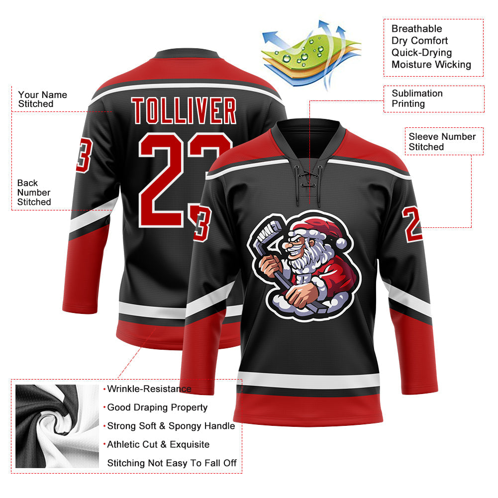 Custom Hockey Jersey - Black Red-White Christmas Santa product image 3