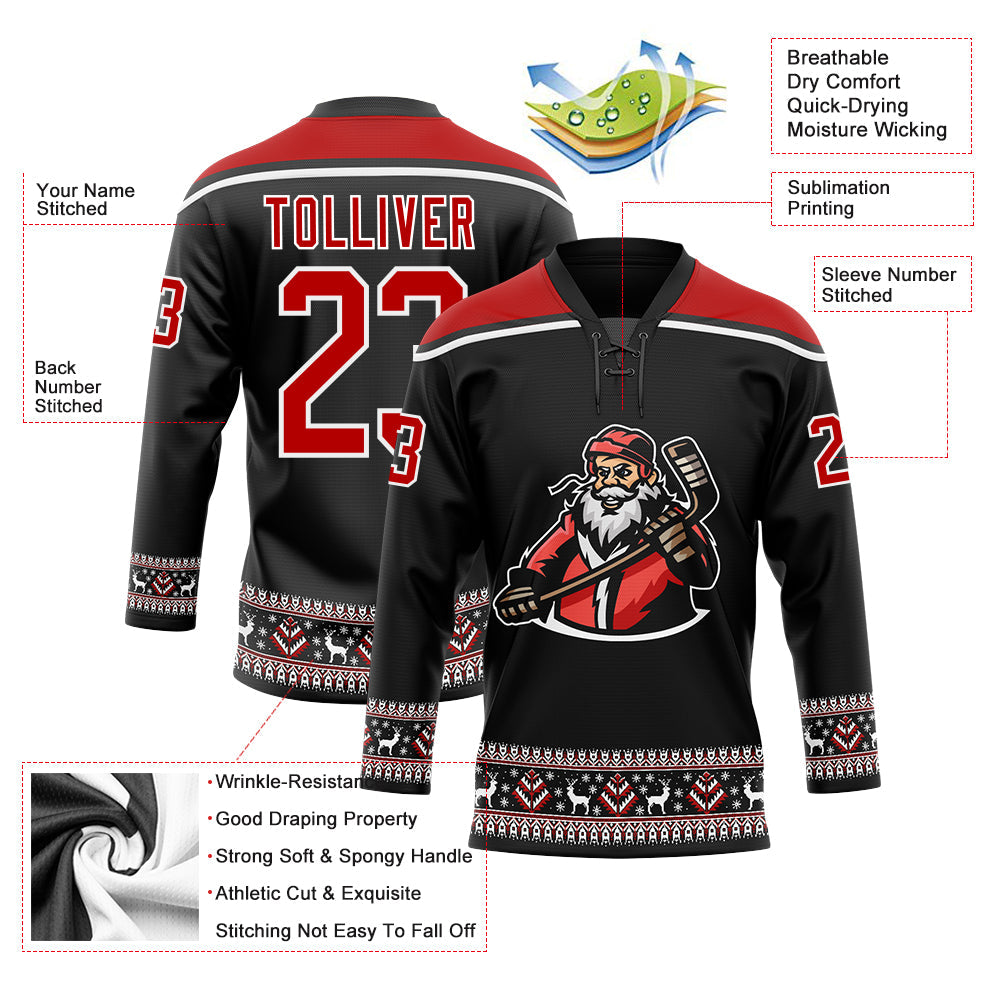 Custom Hockey Jersey - Black Red-White Christmas Santa product image 4