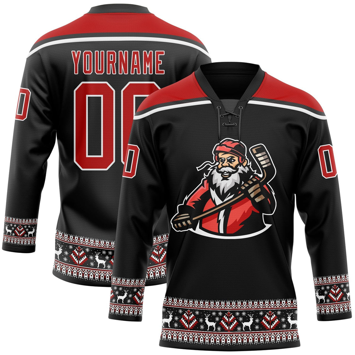 Custom Hockey Jersey - Black Red-White Christmas Santa product image 1
