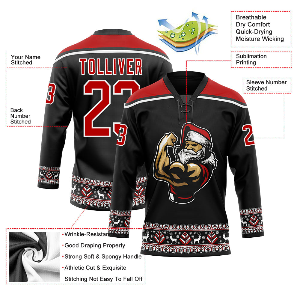 Custom Hockey Jersey - Black Red-White Christmas Santa product image 3