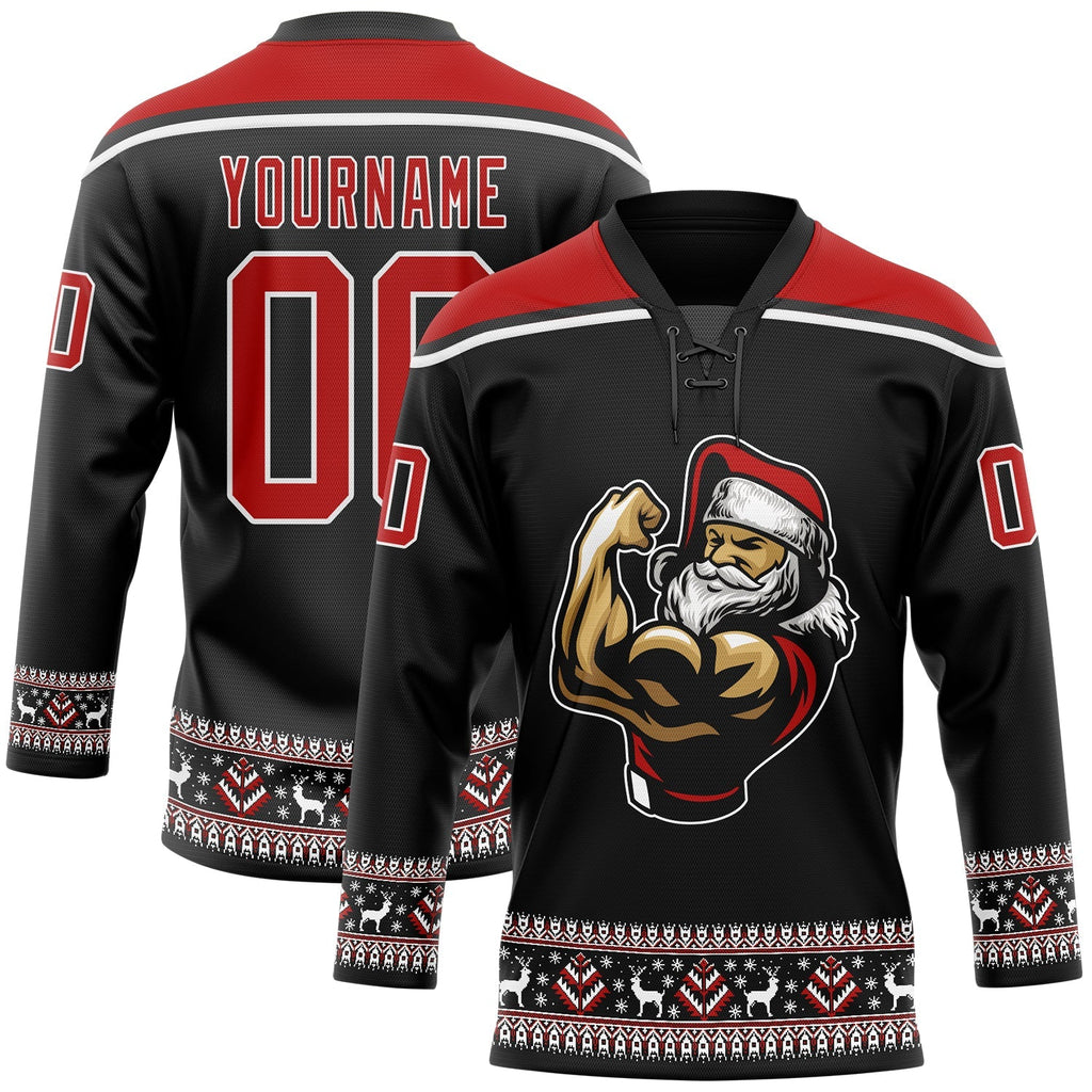 Custom Hockey Jersey - Black Red-White Christmas Santa product image 1