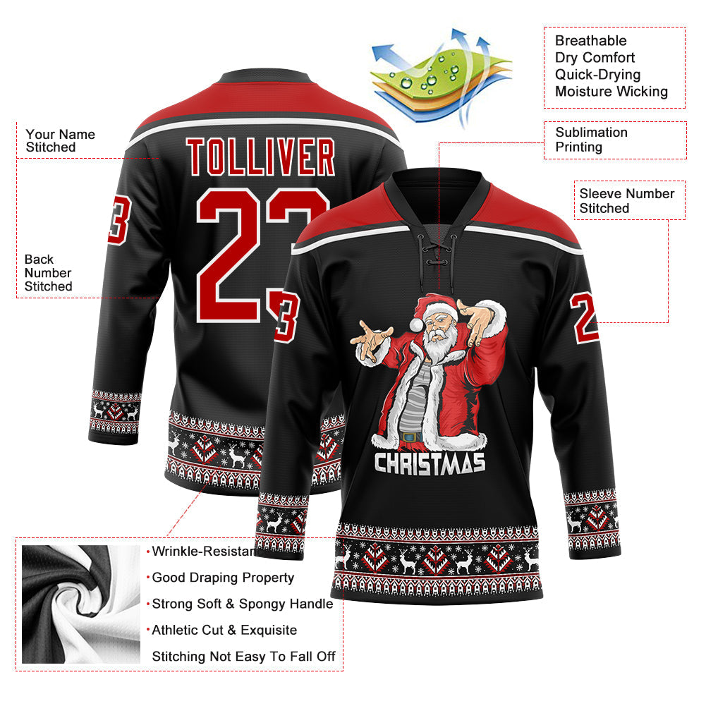 Custom Hockey Jersey - Black Red-White Christmas Santa product image 3