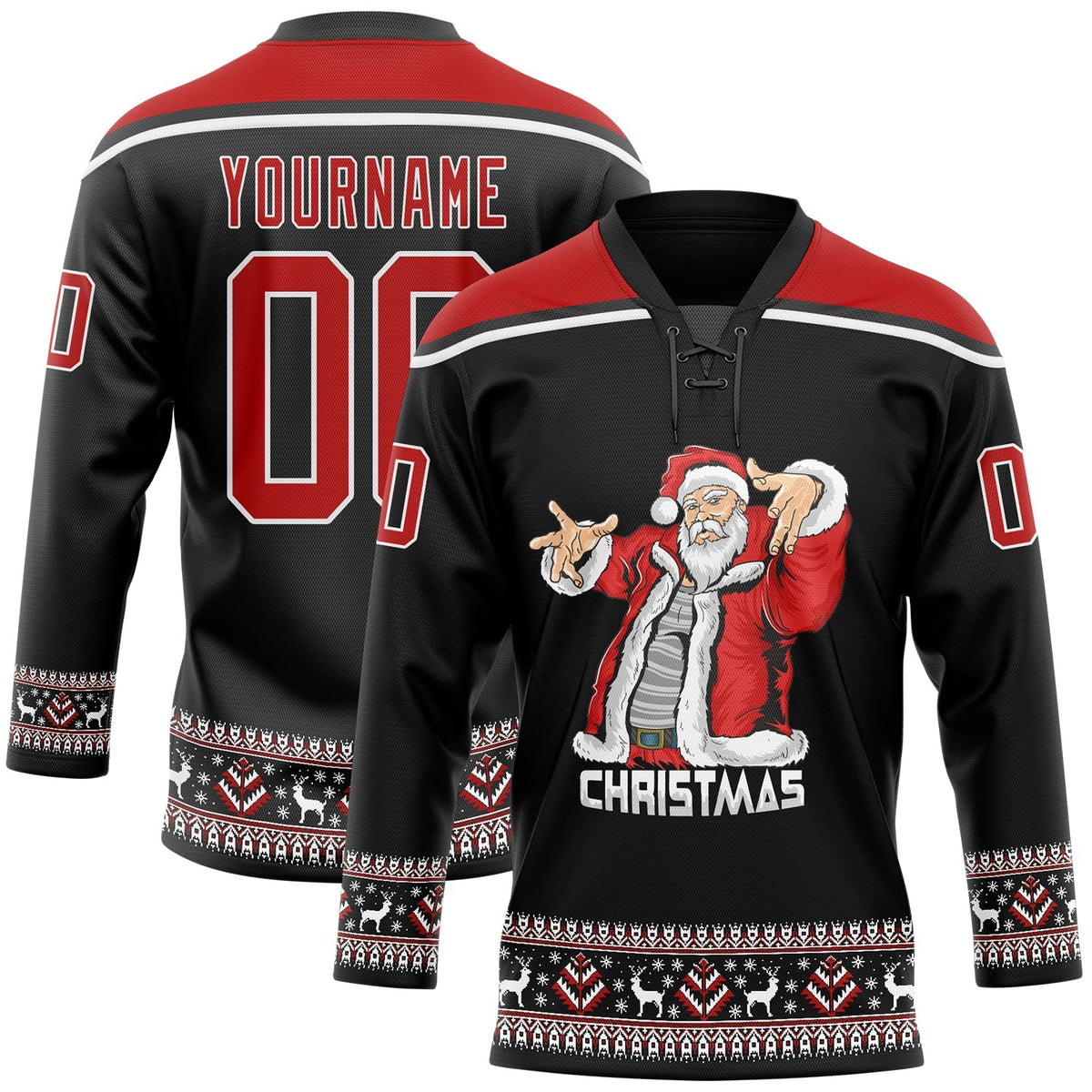 Custom Hockey Jersey - Black Red-White Christmas Santa product image 1