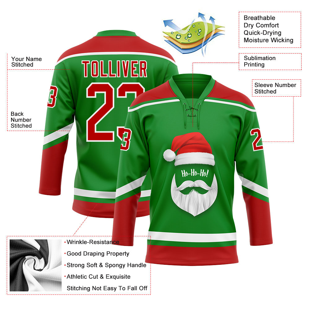 Custom Hockey Jersey - Grass Green Red-White Christmas product image 3