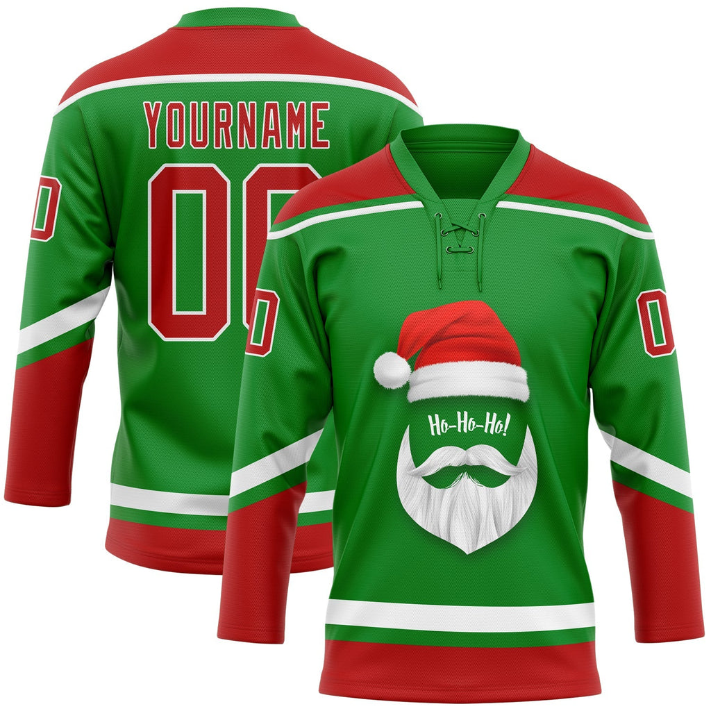 Custom Hockey Jersey - Grass Green Red-White Christmas product image 1