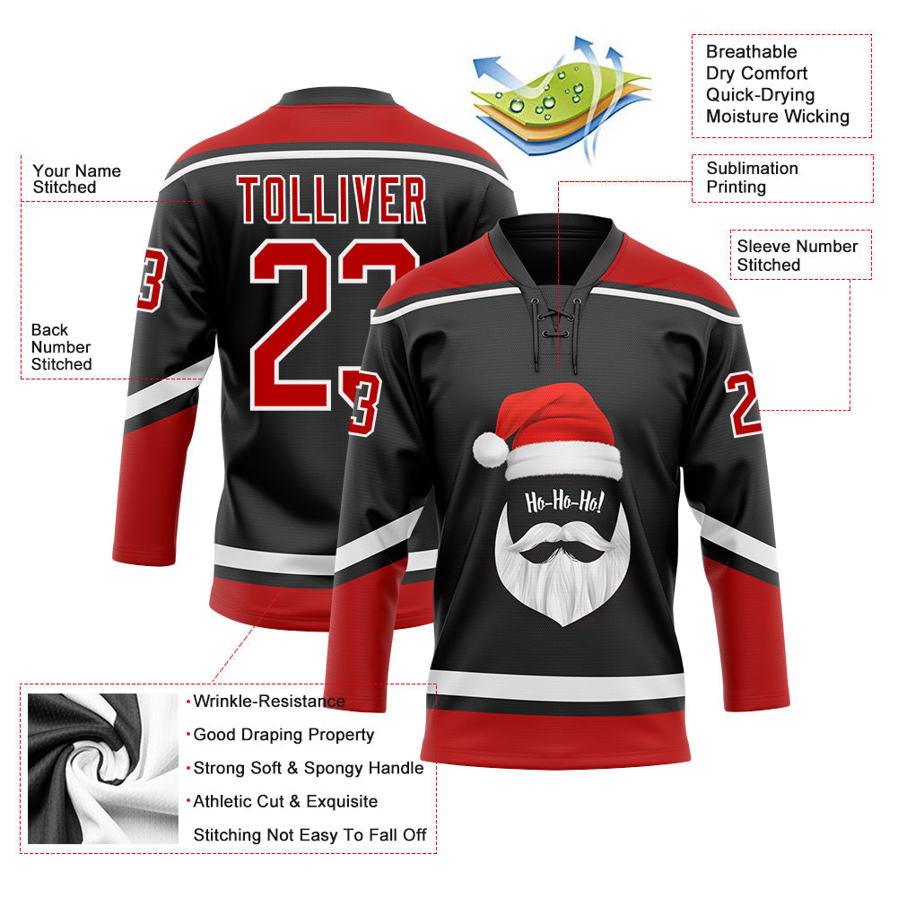 Custom Hockey Jersey - Black Red-White Christmas Santa product image 3