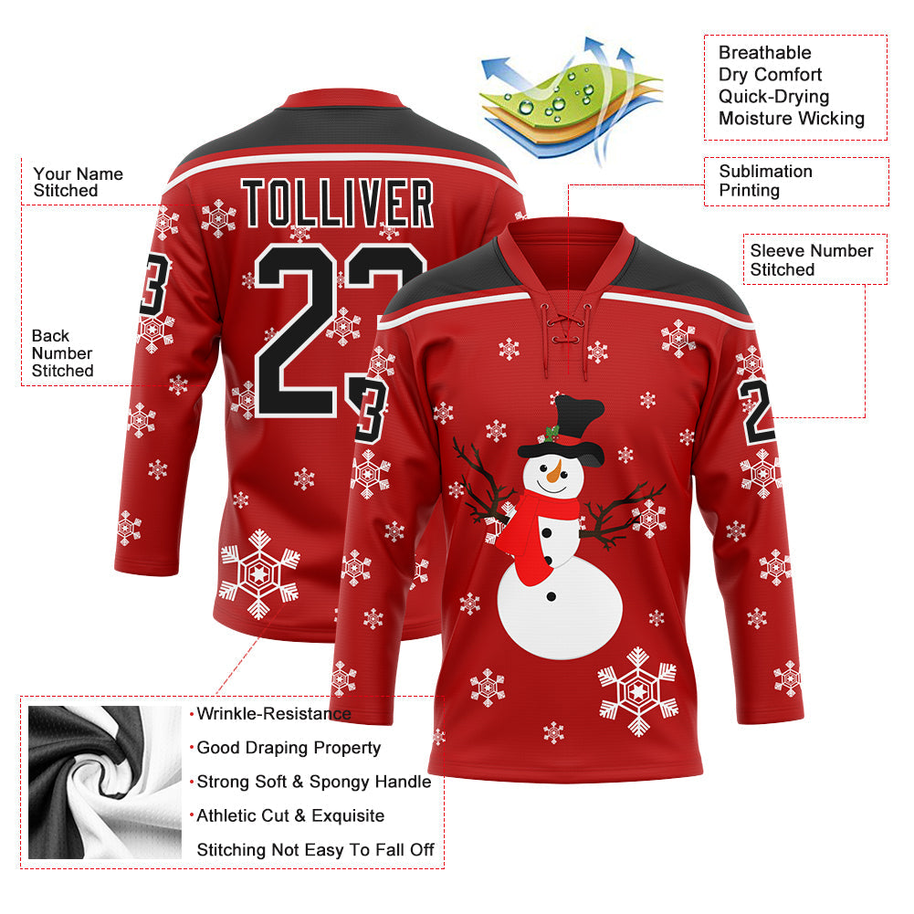 Custom Hockey Jersey - Red Black-White Christmas Snowman 3D product image 3