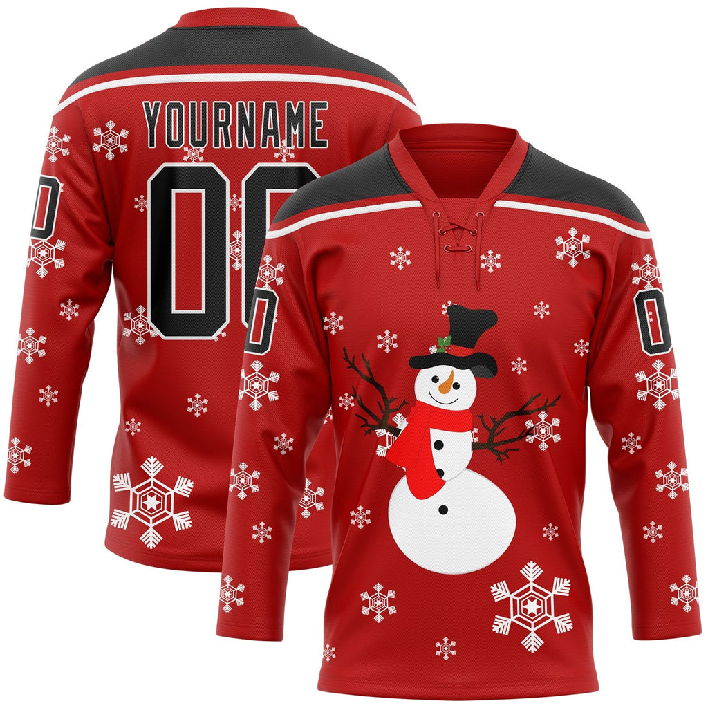 Custom Hockey Jersey - Red Black-White Christmas Snowman 3D product image 1