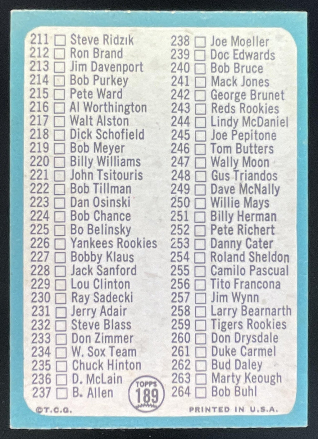 1965 Topps #189 3rd Series Checklist: 177-264 product image 2, provided for visual reference and product detail review