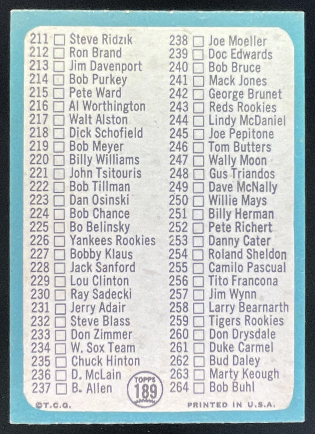 1965 Topps #189 3rd Series Checklist: 177-264 product image 2, provided for visual reference and product detail review