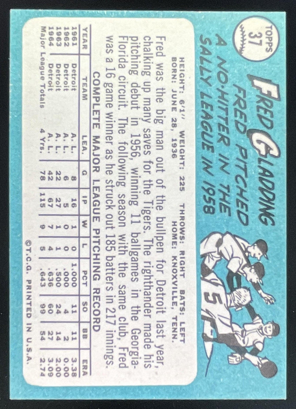1965 Topps #37 Fred Gladding product image 2, provided for visual reference and product detail review