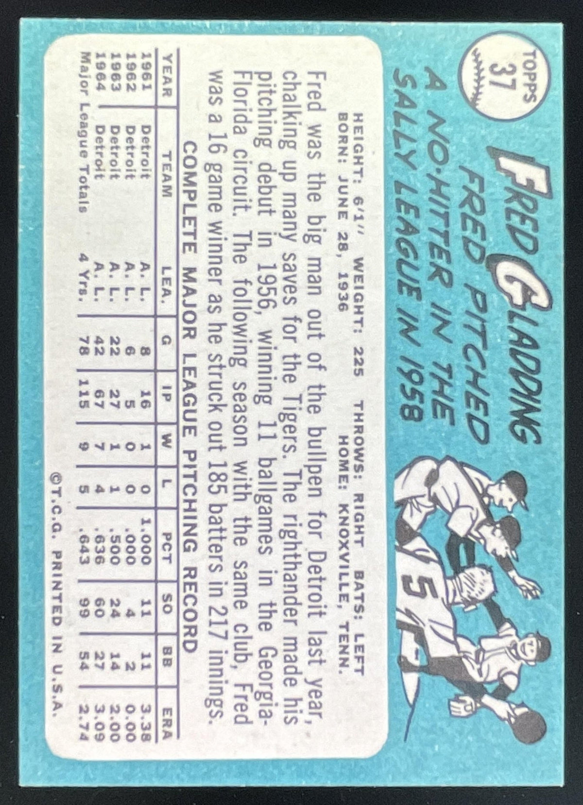 1965 Topps #37 Fred Gladding product image 2, provided for visual reference and product detail review