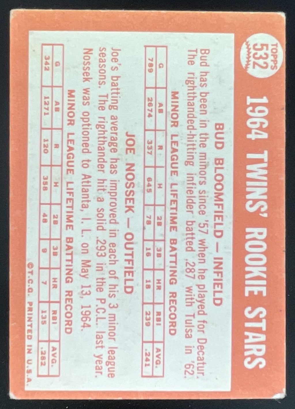 1964 Topps #532 Twins 1964 Rookie Stars Bud Bloomfield Joe Nossek UER RC product image 2, provided for visual reference and