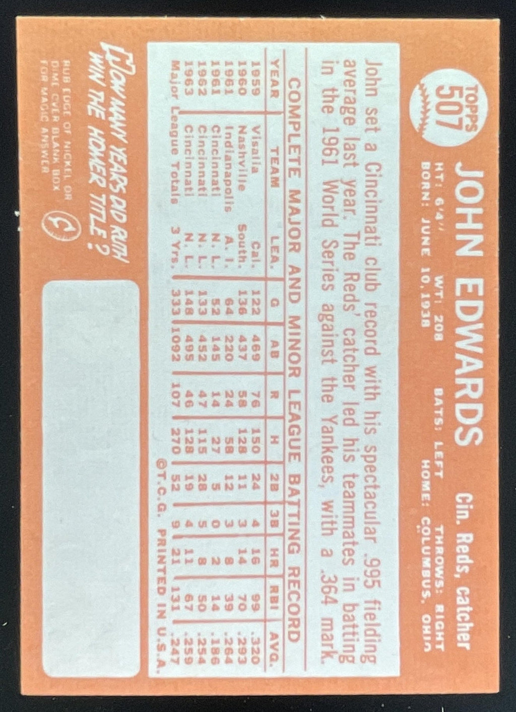 1964 Topps #507 John Edwards product image 2, provided for visual reference and product detail review