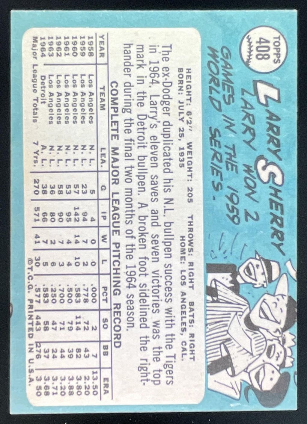 1965 Topps #408 Larry Sherry product image 2, provided for visual reference and product detail review