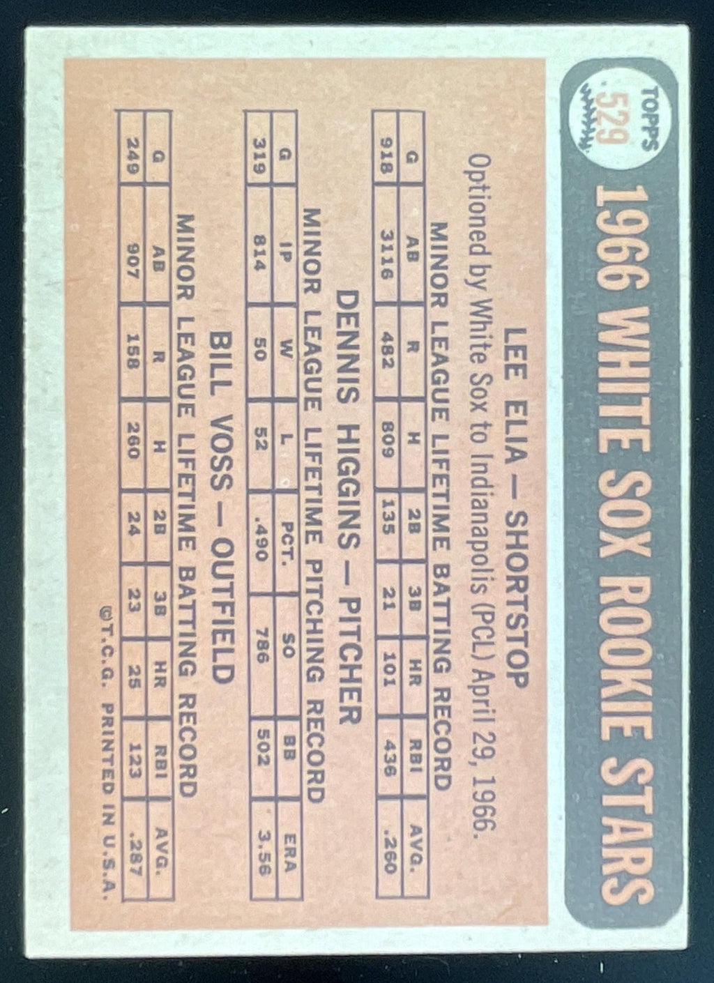 1966 Topps #529 White Sox 1966 Rookie Stars Lee Elia Dennis Higgins Bill Voss RC product image 2, provided for visual