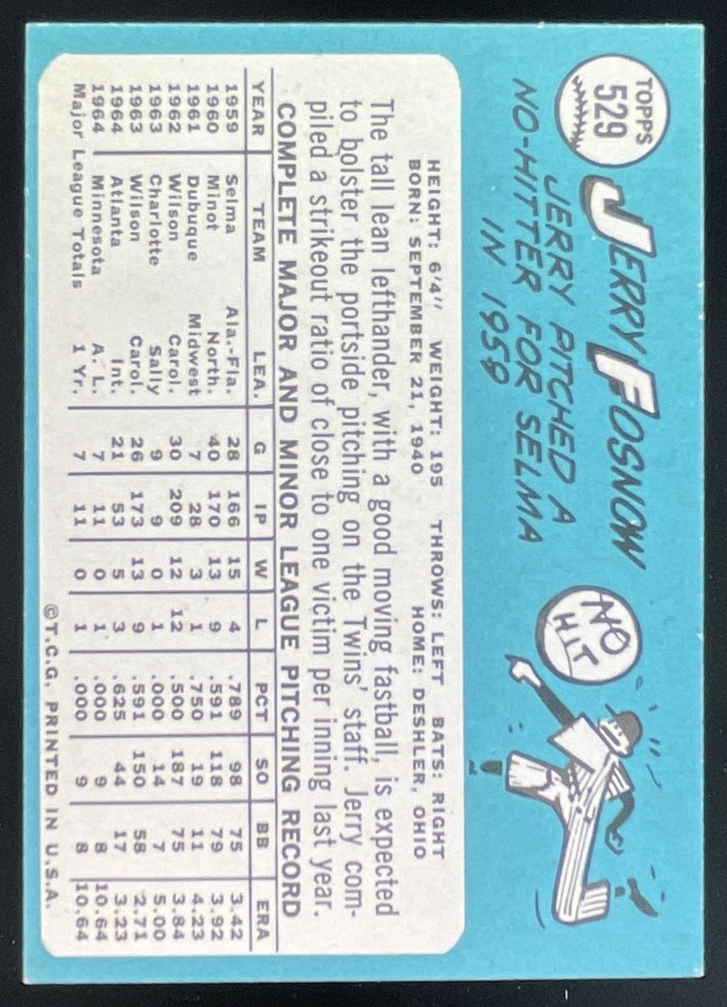 1965 Topps #529 Jerry Fosnow RC product image 2, provided for visual reference and product detail review