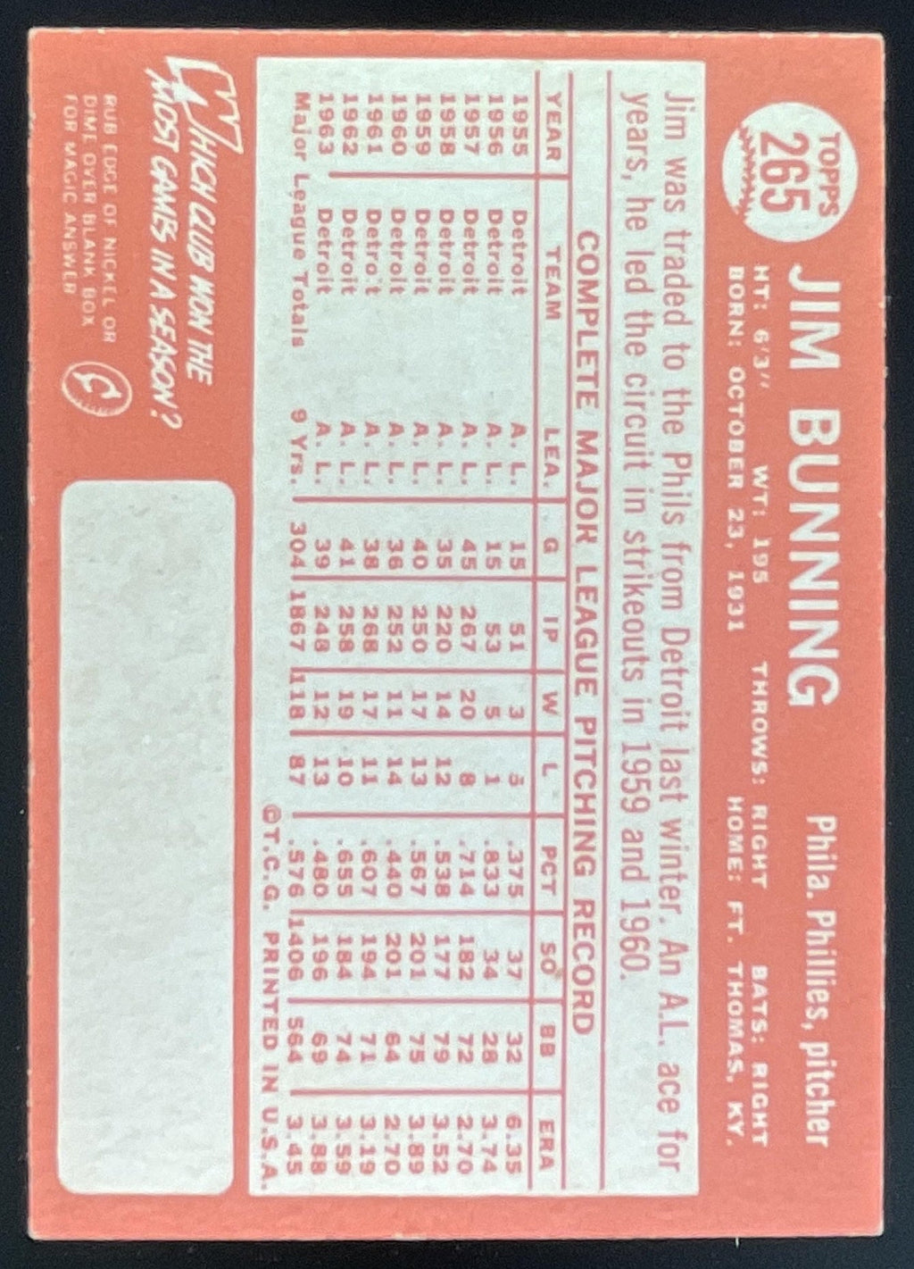 1964 Topps #265 Jim Bunning product image 2, provided for visual reference and product detail review