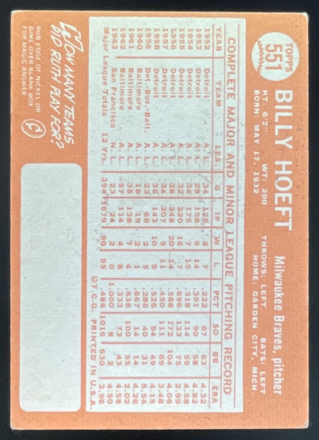 1964 Topps #551 Billy Hoeft product image 2, provided for visual reference and product detail review