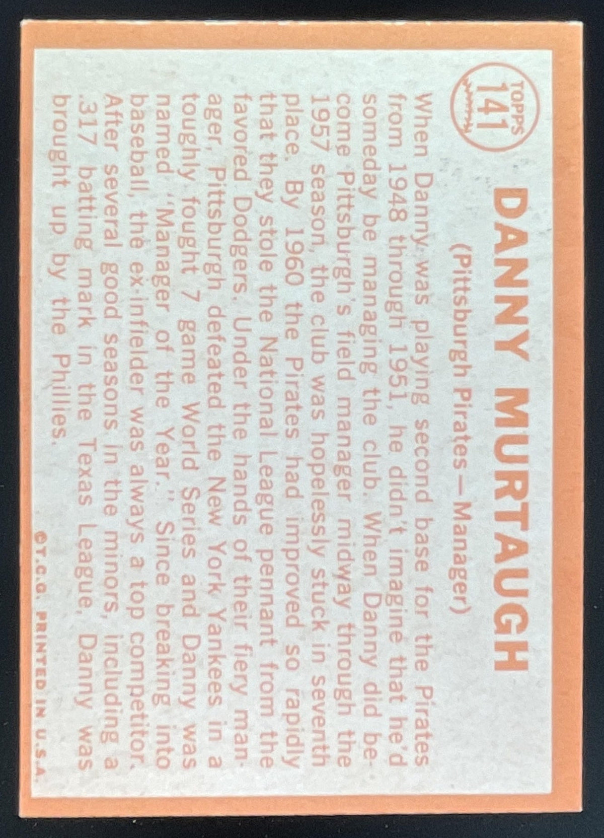 1964 Topps #141 Danny Murtaugh product image 2, provided for visual reference and product detail review