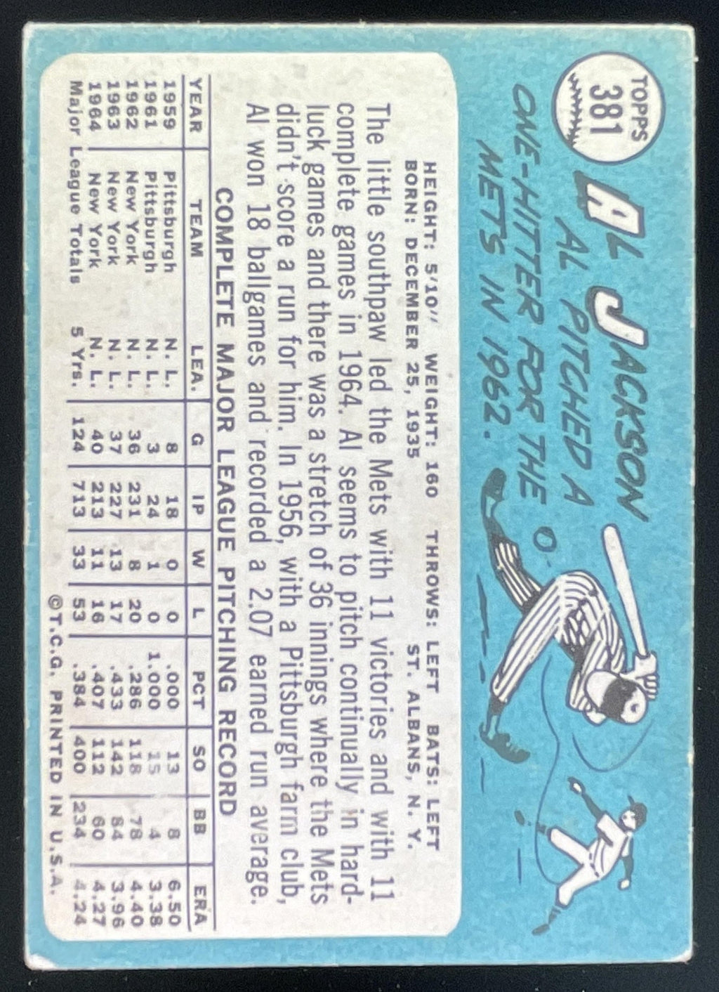 1965 Topps #381 Al Jackson product image 2, provided for visual reference and product detail review