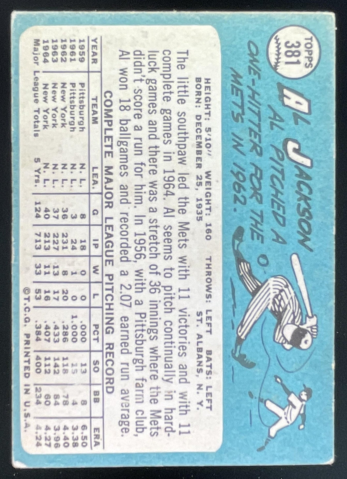 1965 Topps #381 Al Jackson product image 2, provided for visual reference and product detail review