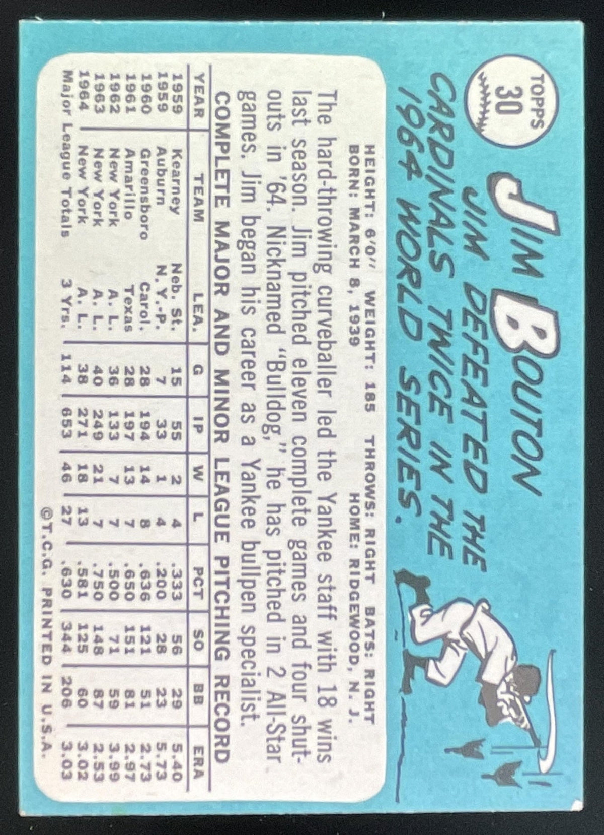 1965 Topps #30 Jim Bouton product image 2, provided for visual reference and product detail review