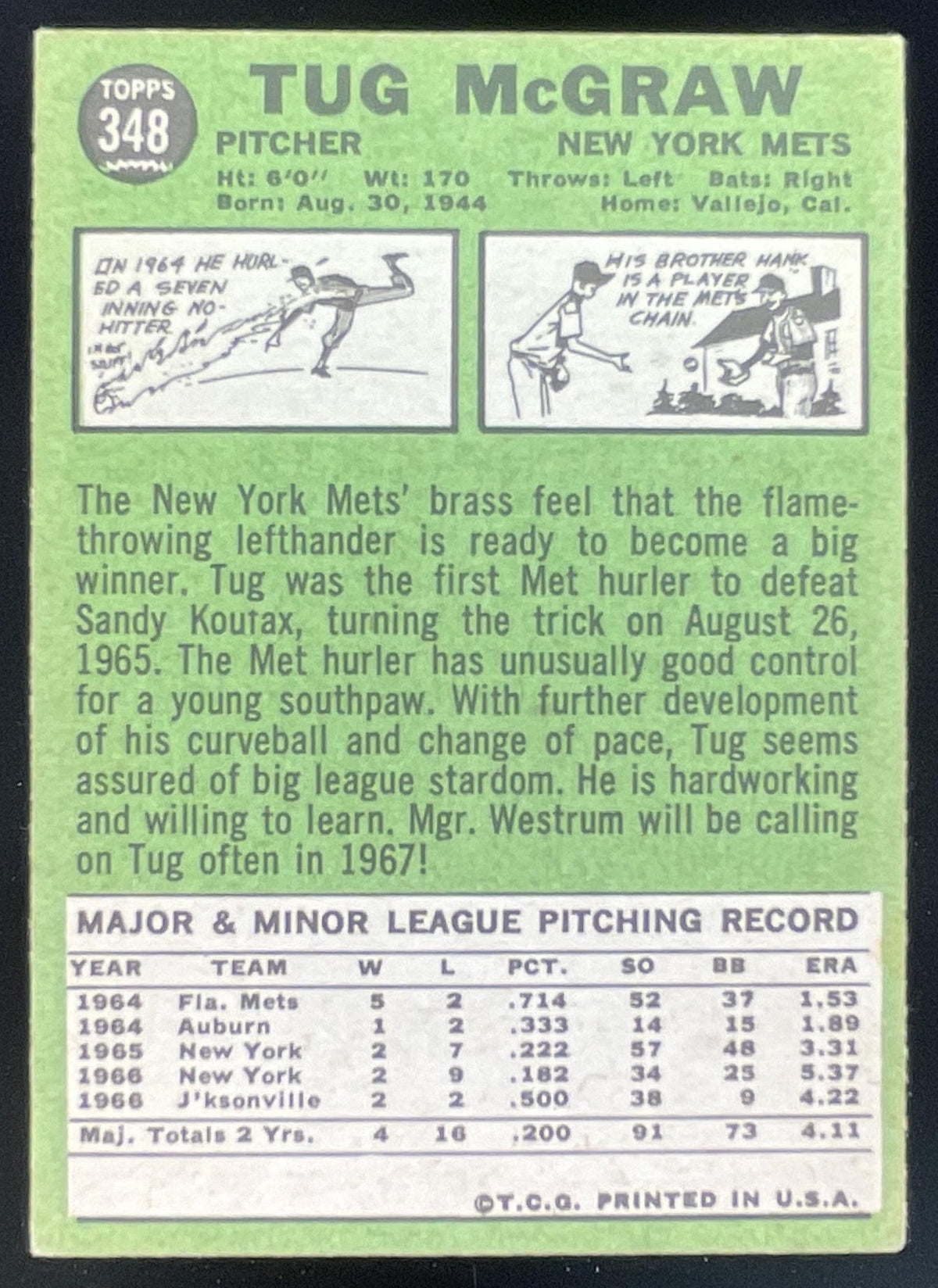 1967 Topps #348 Tug McGraw product image 2, provided for visual reference and product detail review