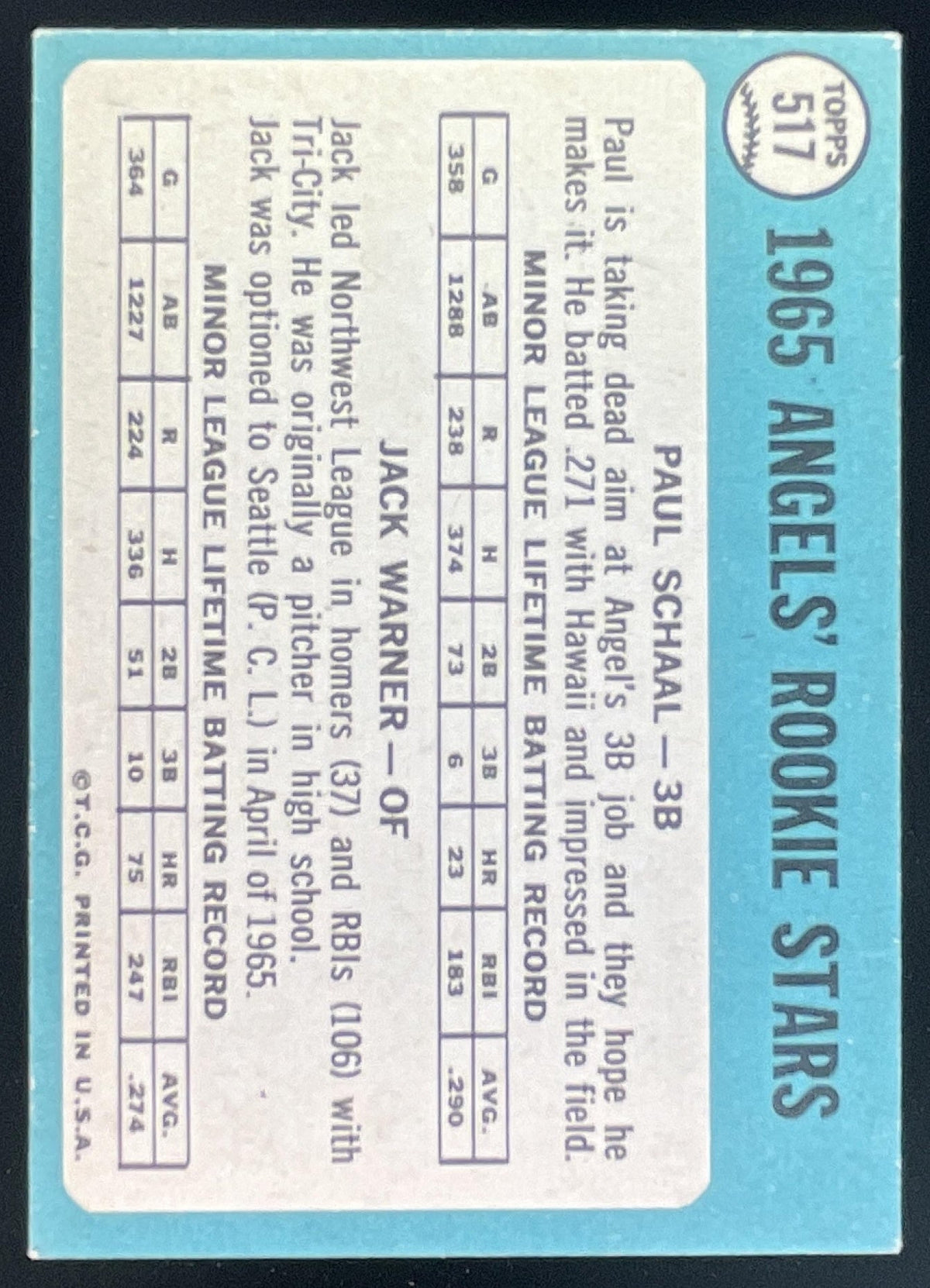 1965 Topps #517 Angels Rookie Stars Paul Schaal Jack Warner product image 2, provided for visual reference and product