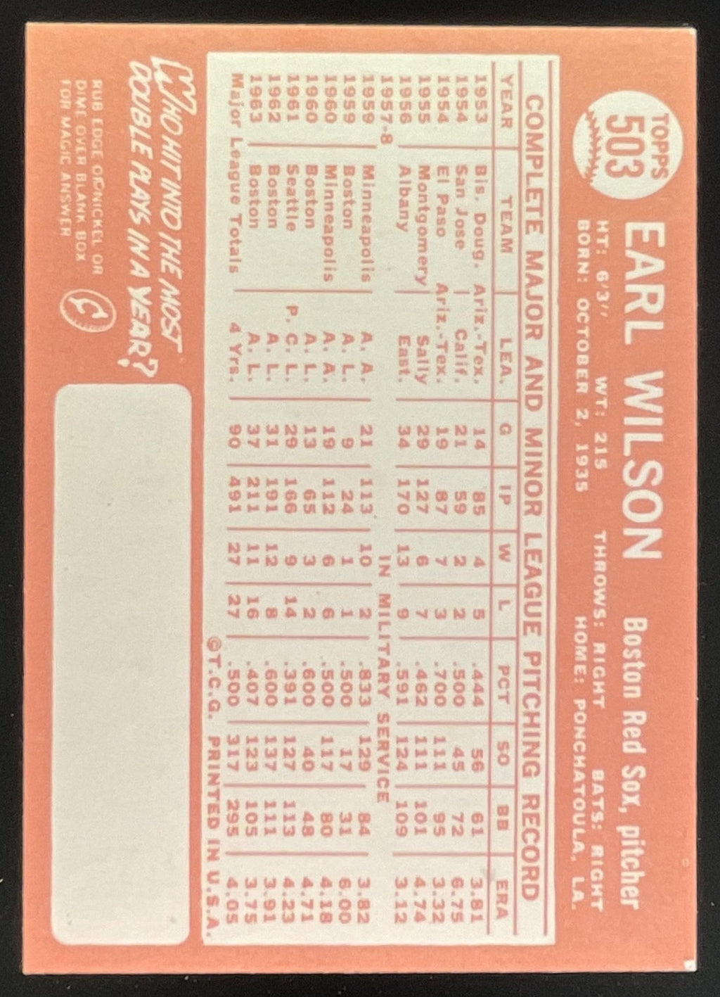 1964 Topps #503 Earl Wilson product image 2, provided for visual reference and product detail review