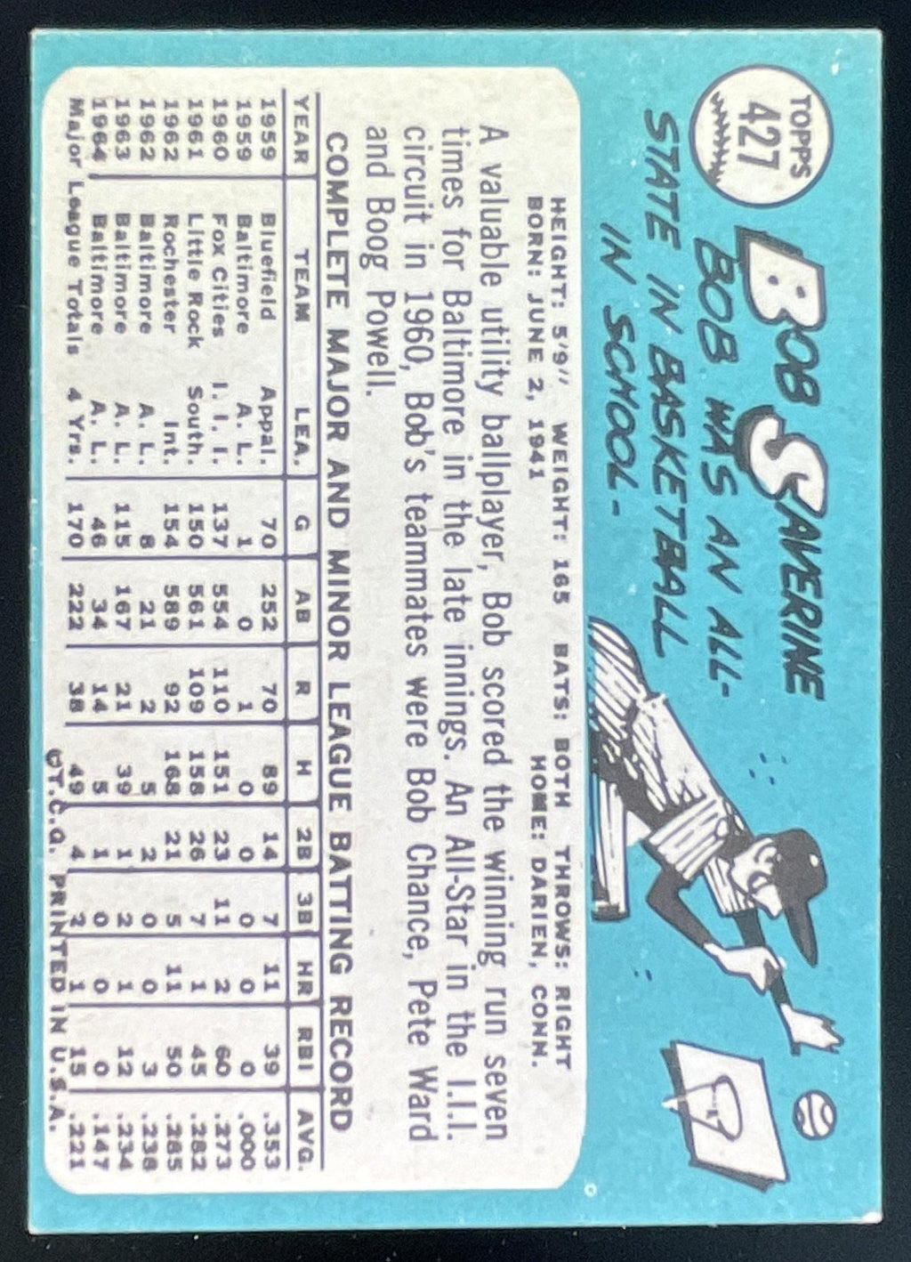 1965 Topps #427 Bob Saverine product image 2, provided for visual reference and product detail review