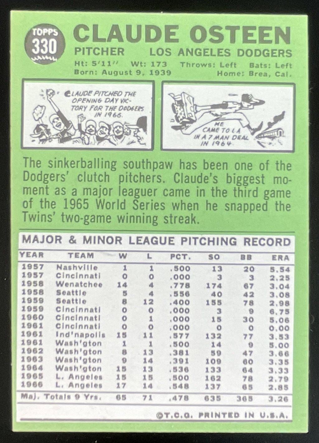 1967 Topps #330 Claude Osteen product image 2, provided for visual reference and product detail review