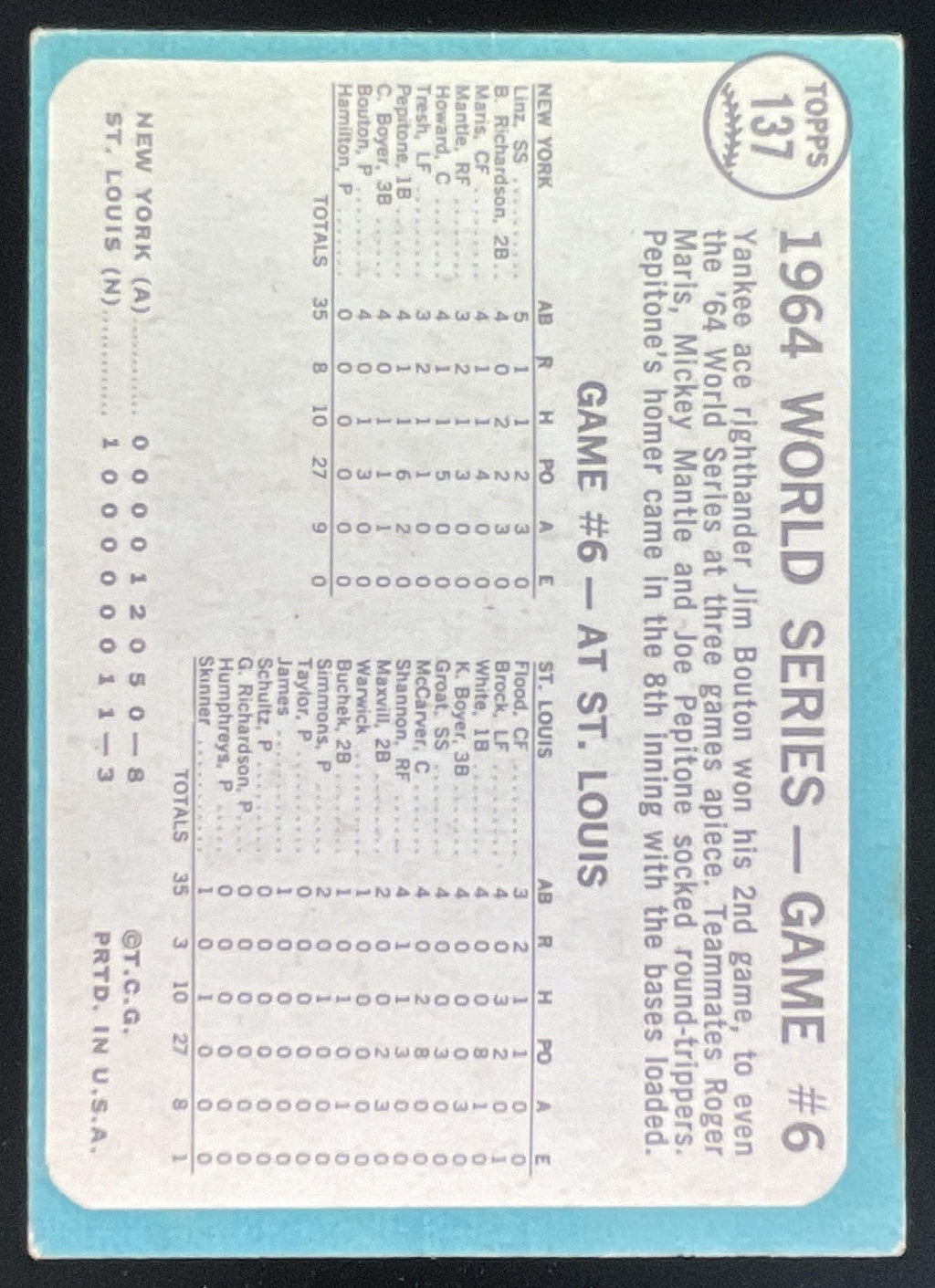 1965 Topps #137 World Series Game #6 - Bouton Wins Again product image 2, provided for visual reference and product detail