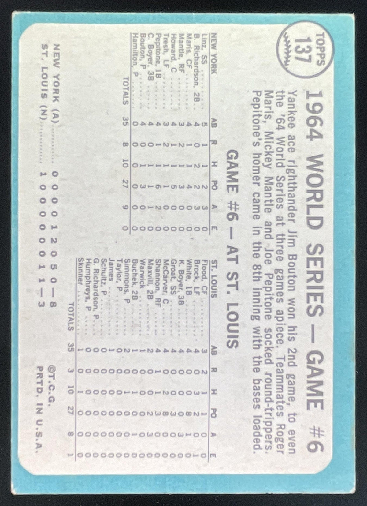 1965 Topps #137 World Series Game #6 - Bouton Wins Again product image 2, provided for visual reference and product detail