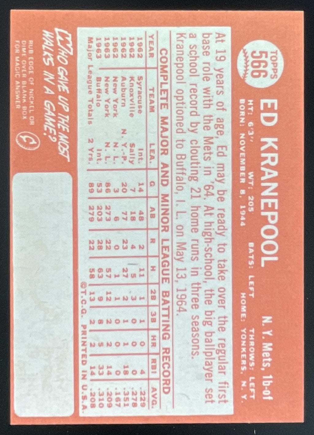 1964 Topps #566 Ed Kranepool product image 2, provided for visual reference and product detail review