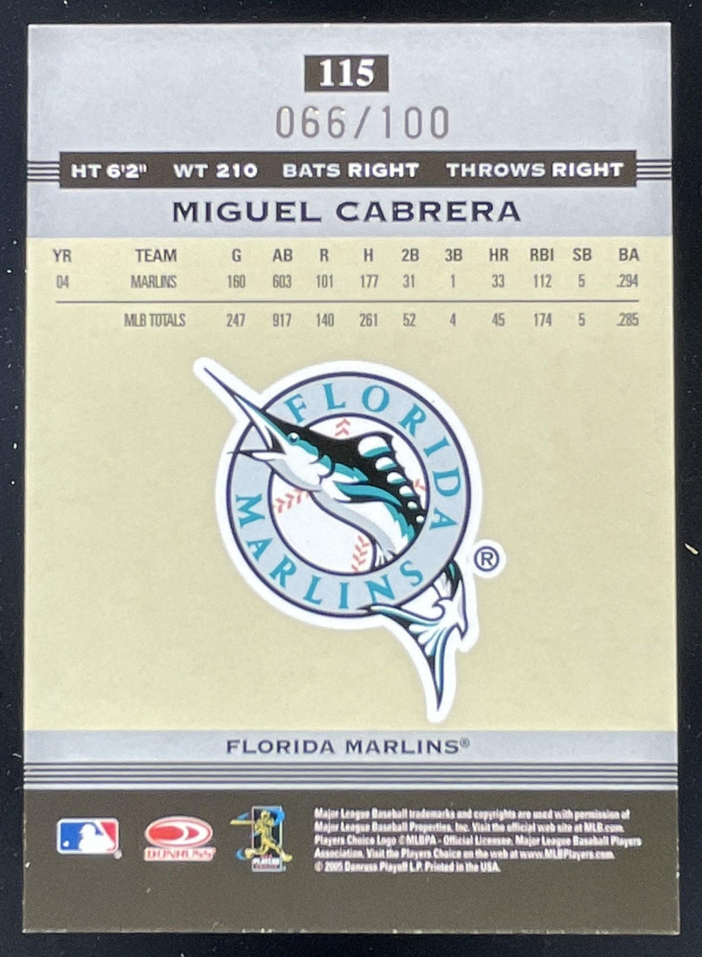 2005 Donruss Greats Gold HoloFoil #115 Miguel Cabrera /100 product image 2, provided for visual reference and product detail