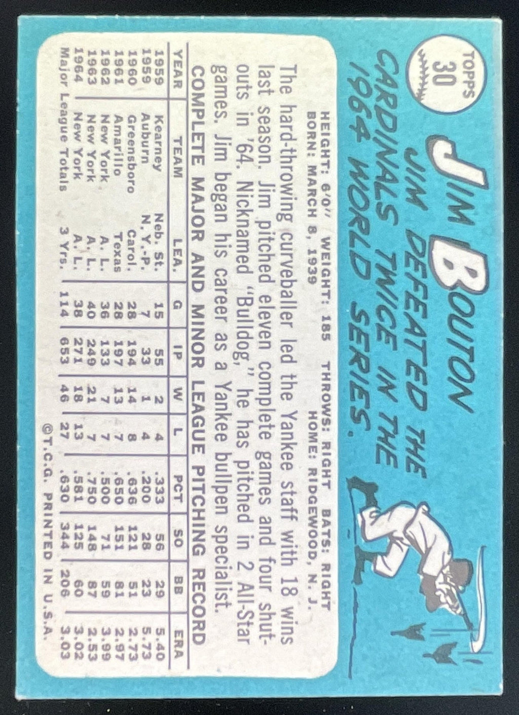 1965 Topps #30 Jim Bouton product image 2, provided for visual reference and product detail review
