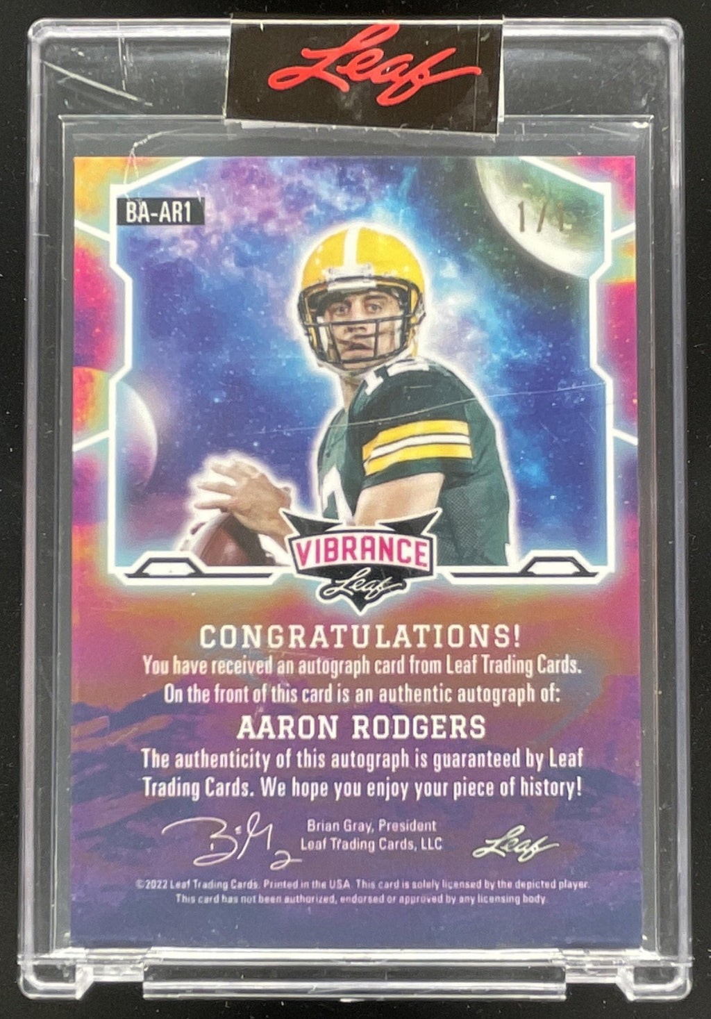2022 Leaf Vibrance Red Flood Gold Circles #BA-AR1 Aaron Rodgers Auto 1/1 product image 2, provided for visual reference and