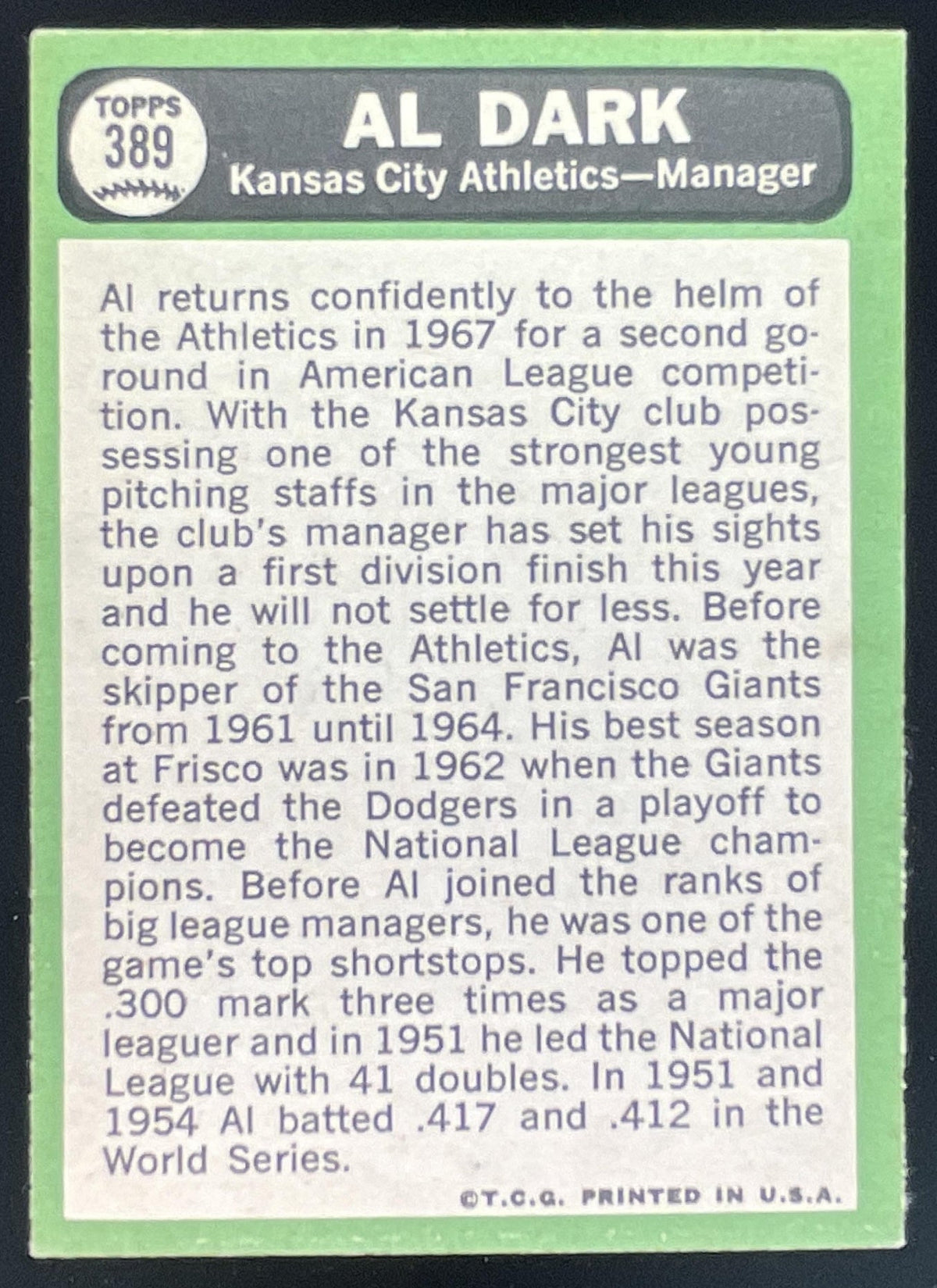 1967 Topps #389 Al Dark product image 2, provided for visual reference and product detail review