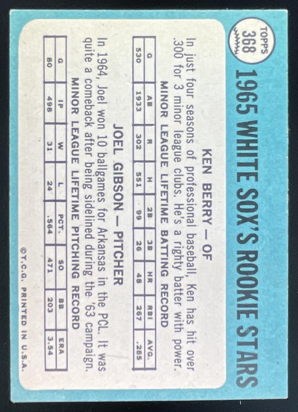 1965 Topps #368 White Sox 1965 Rookie Stars Ken Berry Joel Gibson RS, RC product image 2, provided for visual reference and